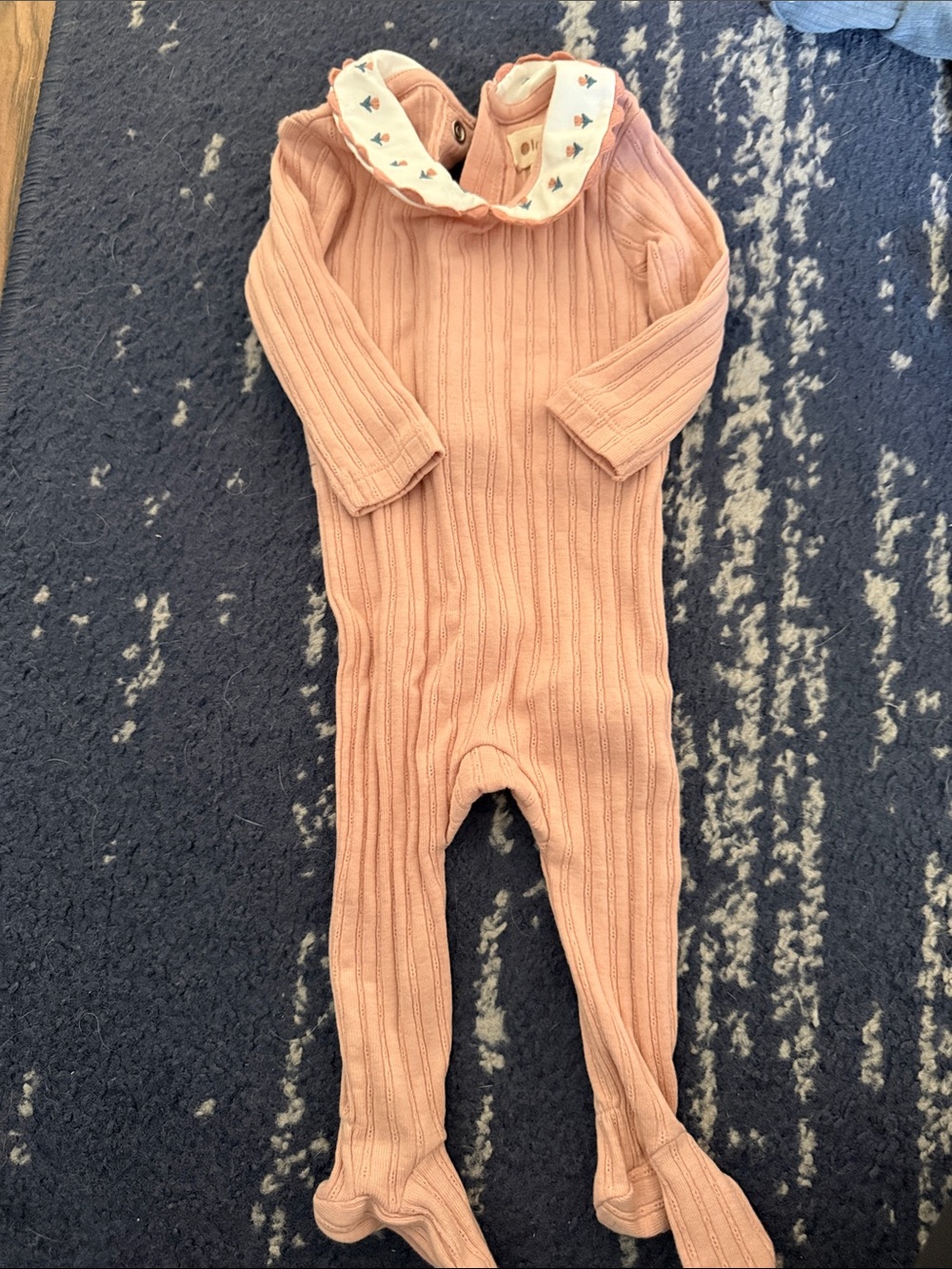 Ribbed Baby Footed One-Piece in Dusty Rose with Embroidered Collar